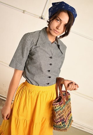 VINTAGE 80S PARIS CHIC FESTIVAL TOP SHIRT WITH CHECKED PRINT