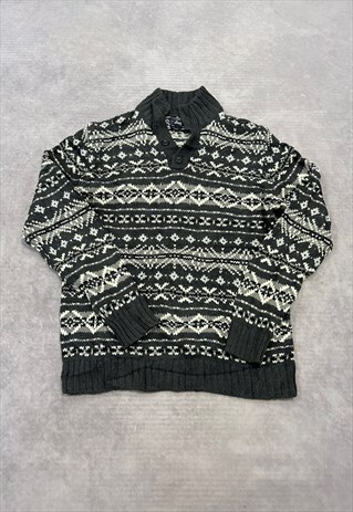 VINTAGE KNITTED JUMPER ABSTRACT PATTERNED GRANDAD SWEATER