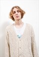 VINTAGE 80S BOXY BROWN CABLE KNIT V NECK CARDIGAN MEN M