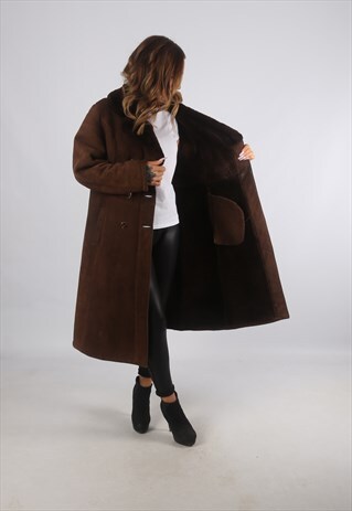 VINTAGE SHEEPSKIN SUEDE SHEARLING COAT LONG UK L 14 (K93K)