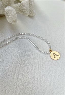 Gold Letter Faux Pearl Initial  A Charm Pendant  Necklace