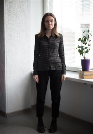 VINTAGE 80'S BLACK MULTICOLOUR GLOSSY STRIPED SHIRT