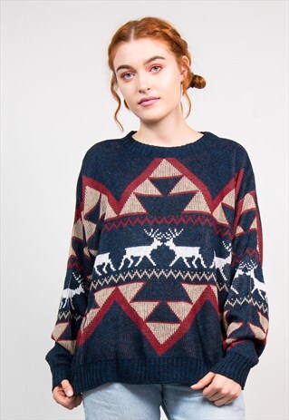 Retro Reindeer Pattern Winter Knitted Jumper | The Vintage ...