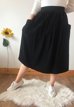 Vintage 80s Black Corduroy Midi Skirt
