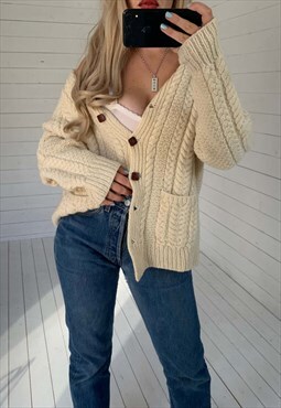 Vintage 70s Cream Cable Knit Chunky Pure Wool Cardigan