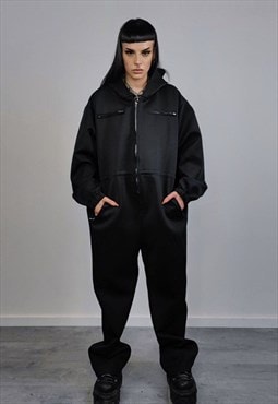 Hooded utility boilersuit workwear coveralls zip up in black