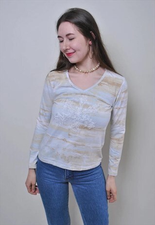 VINTAGE PULLOVER BEIGE BLOUSE, WOMAN LONG SLEEVE 90S SHIRT 