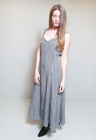 VINTAGE 1990'S NAVY BUTTON FRONT CHECKED MAXI DRESS.