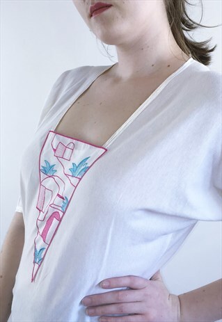 WOMENS VINTAGE 70S BLOUSE ABSTRACT EMBROIDERED BOHO TOP