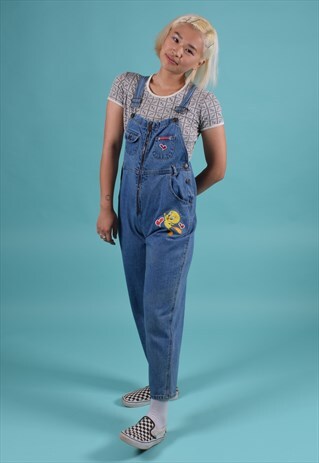 VINTAGE 90S LOONY TOONS TWEETY PIE ZIP UP DENIM DUNGAREES
