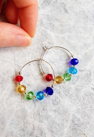 RAINBOW FACETED CRYSTAL BEAD HOOP EARRINGS