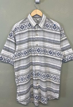 Vintage Hawaiian Shirt White With Blue Aztec Patterns