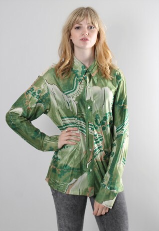 VINTAGE 70S GREEN PATTERNED SHIRT BLOUSE TOP