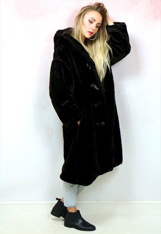 1990S VINTAGE DARK BROWN SOFT FAUX FUR HOOD COAT