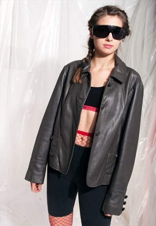 VINTAGE LEATHER JACKET Y2K 90S DARK GREY GRUNGE BLAZER COAT
