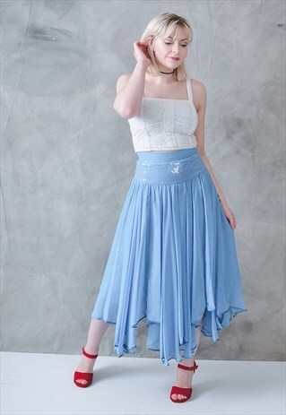 W26" VINTAGE FLOATY COCKTAIL SKIRT BLUE 80S