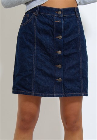 VINTAGE BUTTON UP DENIM SKIRT IN BLUE UK 16