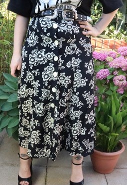 Vintage 90s Black Cottage Floral Flower Festival Maxi Skirt