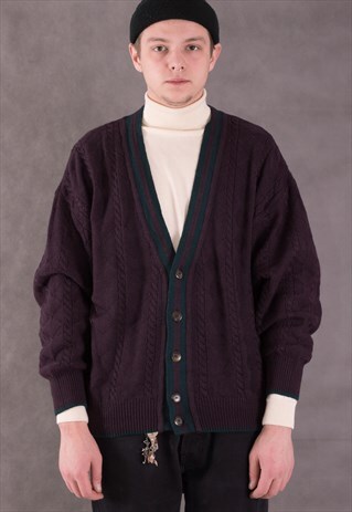 VINTAGE 1990S MENS KNIT SOLID PLUM COLOUR CARDIGAN