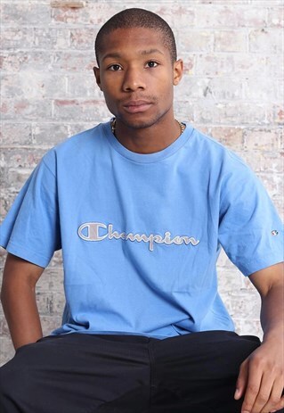 VINTAGE CHAMPION BIG LOGO SPELLOUT T-SHIRT BLUE