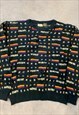 VINTAGE KNITTED JUMPER ABSTRACT PATTERNED GRANDAD SWEATER