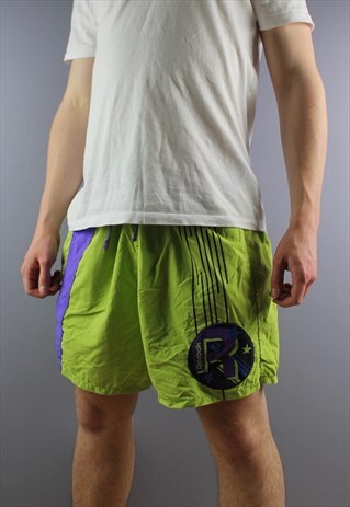 VINTAGE REEBOK SHORTS IN LIME GREEN WITH POCKETS, FELT LOGO