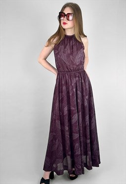 70's Vintage Purple Feather Floral Sleeveless Maxi Dress
