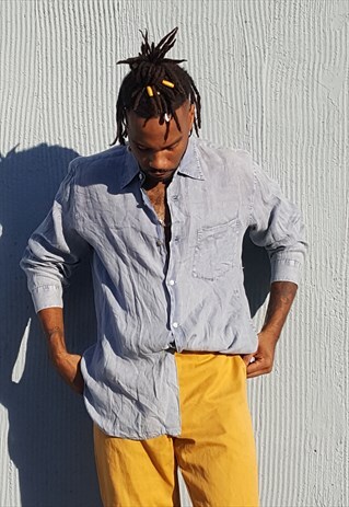 90S OVERDYED MINERAL WASH BLUE LINEN SHIRT LARGE