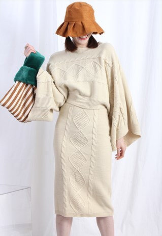 ARAN & CABLE STITCH CROP JUMPER KNIT SKIRT CO-ORDS
