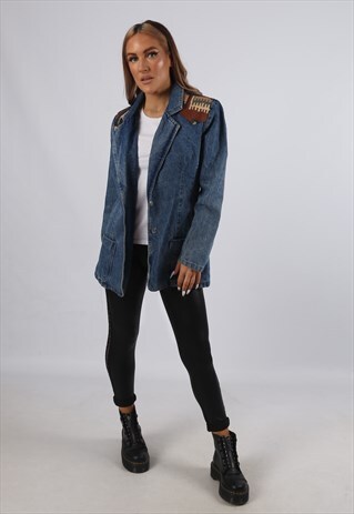 VINTAGE DENIM BLAZER JACKET FITTED LONGLINE LONG UK 12 (BB4A