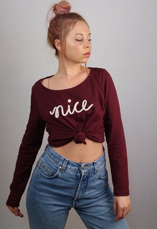 VINTAGE 90'S 'NICE' EMBROIDERY LONG-SLEEVE TOP / SWEATSHIRT
