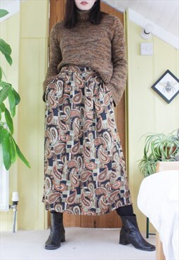 Vintage 90s highwaisted green and brown paisley midi skirt