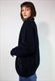 VINTAGE 90'S KNIT WOOL BOMBER JACKET CARDISGAN IN NAVY BLUE 