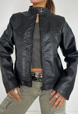 Vintage 90s Leather Jacket Faux Zip Up Y2k Biker Streetwear