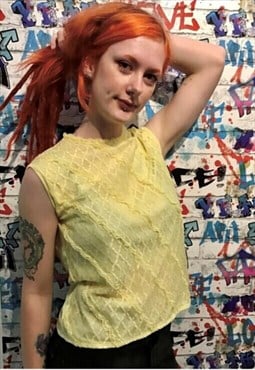 Lace nylon 60s button up back yellow mod blouse