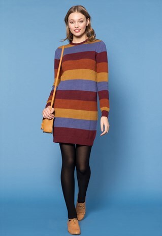 RED STRIPED LONG SLEEVE KNIT DRESS
