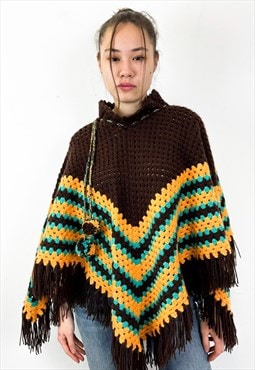 Vintage 90s handmade knitting brown wool  cape 