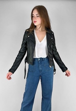 Ladies New Vintage Style Recycled Leather Biker Jacket S