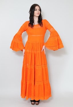  70's Vintage Dress Orange Cotton Mexican Folk Hippy Maxi