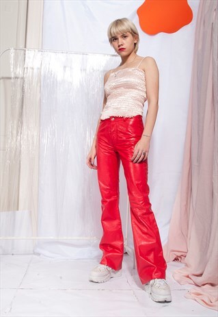 VINTAGE LEATHER TROUSERS Y2K RAVE RED FLARES
