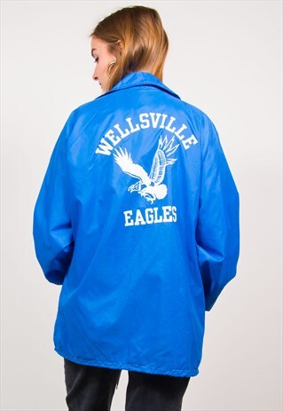 VINTAGE 90'S BLUE WELLSVILLE EAGLES PRINT COACH JACKET