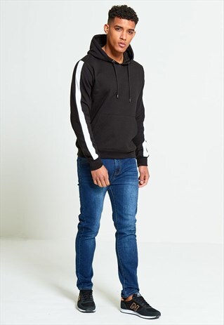 MENS BLACK HOODY WITH WHITE PANEL DETAILING