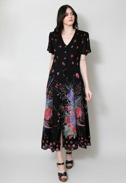 90's Vintage Ladies Dress Black Short Sleeve Floral Print