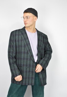 Vintage dark green checkered classic 80's wool suit blazer