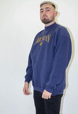 VINTAGE USA MICHIGAN EMBROIDERED SWEATER JUMPER IN BLUE XL