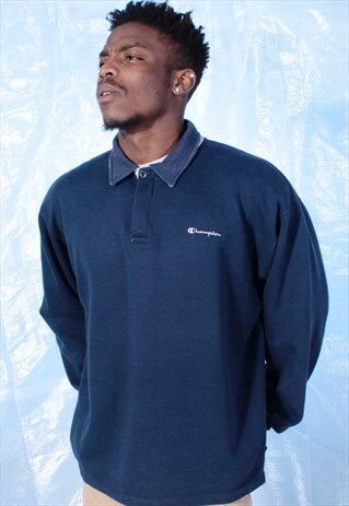 VINTAGE CHAMPION NAVY POLO STYLE SWEATSHIRT
