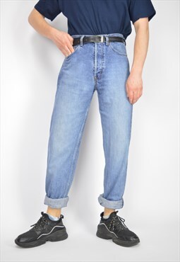 Vintage blue denim straight classic jeans trousers