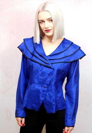 1980S VINTAGE BLUE RUFFLE COLLAR BUTTON UP BLOUSE