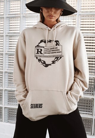 'R RATED' SLOGAN OVERSIZED HOODIE IN BEIGE
