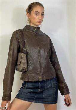 Vintage Y2k Brown Leather Biker Jacket Grunge